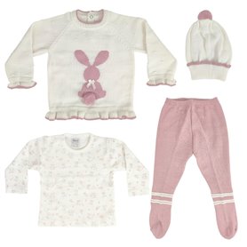 Conjunto Hilo Conejo 4 piezas - Crema-Palo Rosa - Talla 1