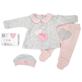 Conjunto Algodon Jacquard Corazones - 4 piezas - Gris Rosado - Talla 1