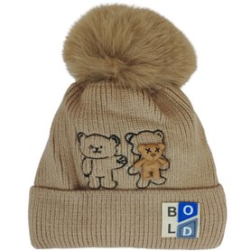 Gorro de Bebé con Pompon y Ositos | 3-36 Meses | Beige