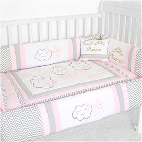 cuna protectores rosa y gris
