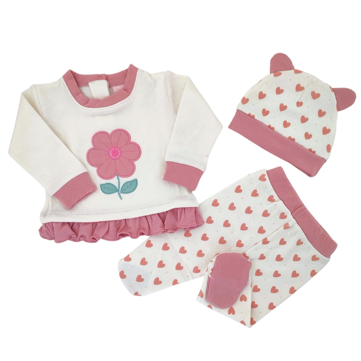Conjunto Jacquard Flor - 3 piezas - Crema-Palo Rosa- Talla 0