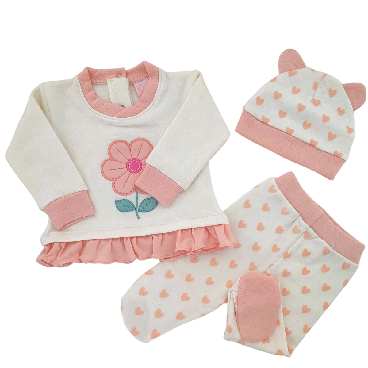 Conjunto Jacquard Flor - 3 piezas - Crema-Melon - Talla 0
