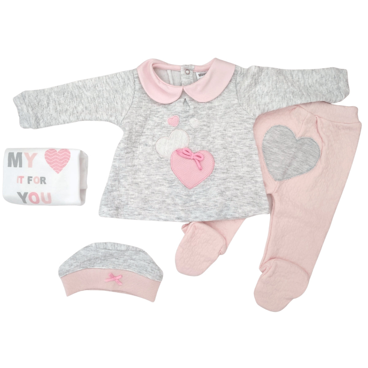 Conjunto Algodon Jacquard Corazones - 4 piezas - Gris Rosado
