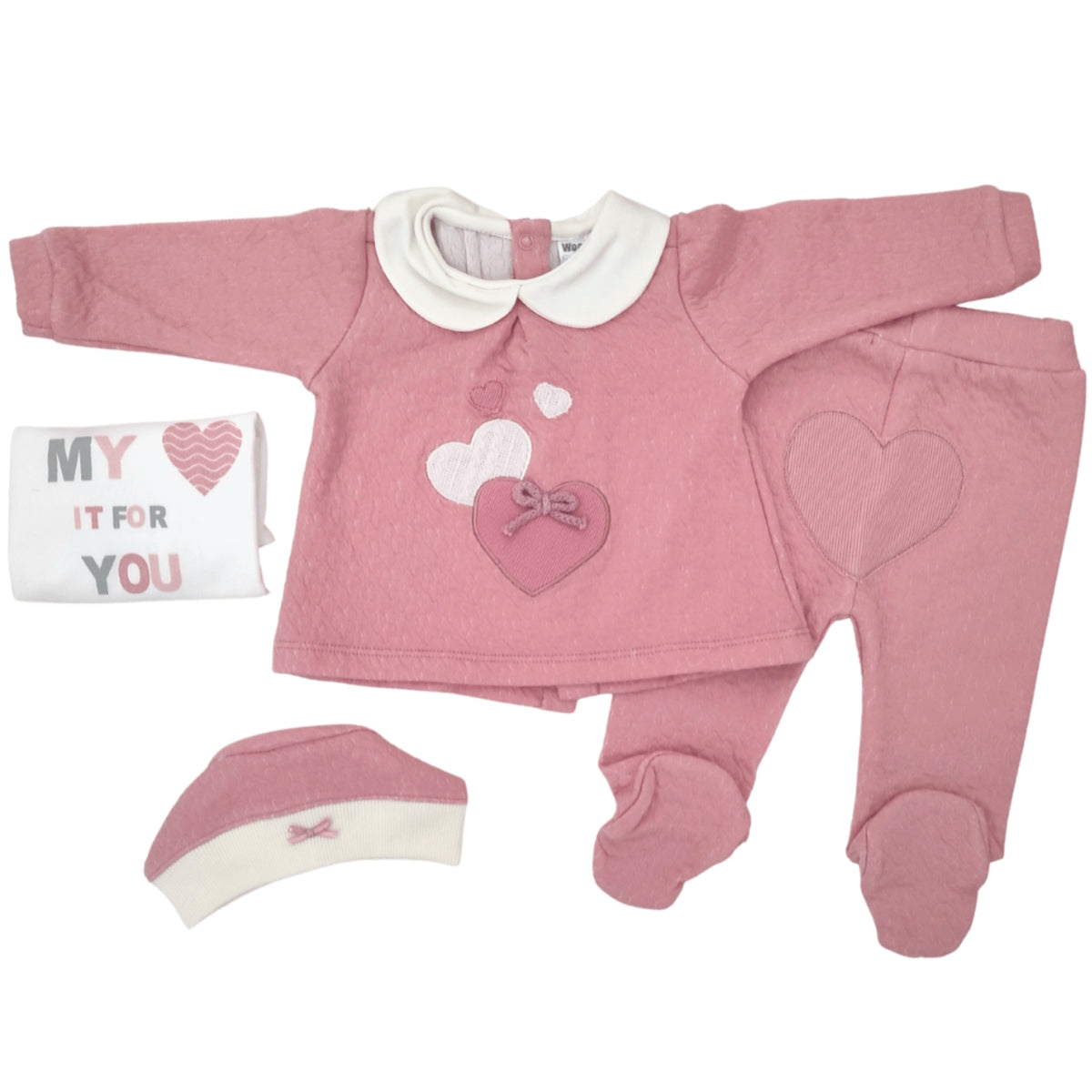 Conjunto Algodon Jacquard Corazones - 4 piezas - Palo Rosa