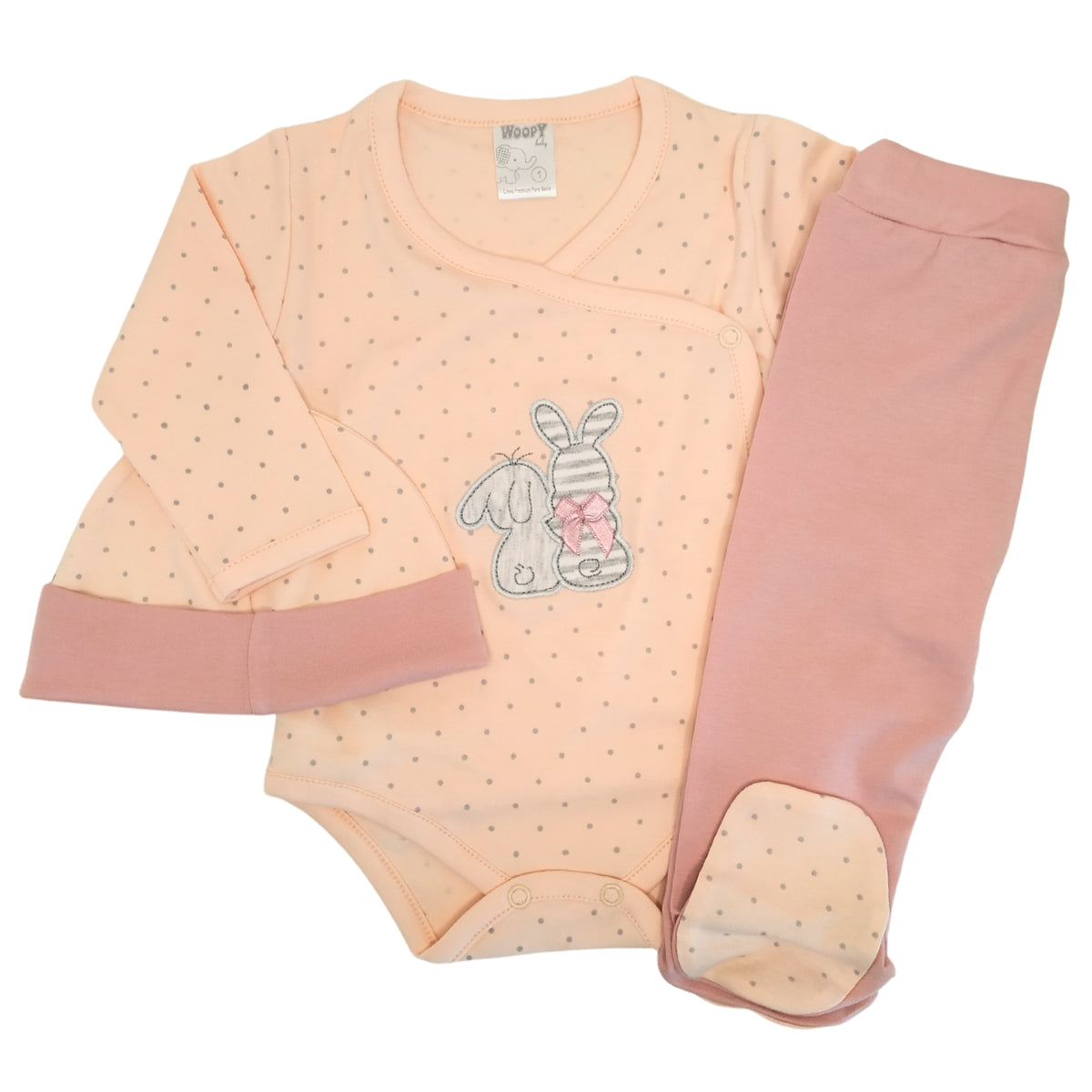 Ajuar Bebe 3 piezas Algodon - Conejitos - Melon-Palo Rosa