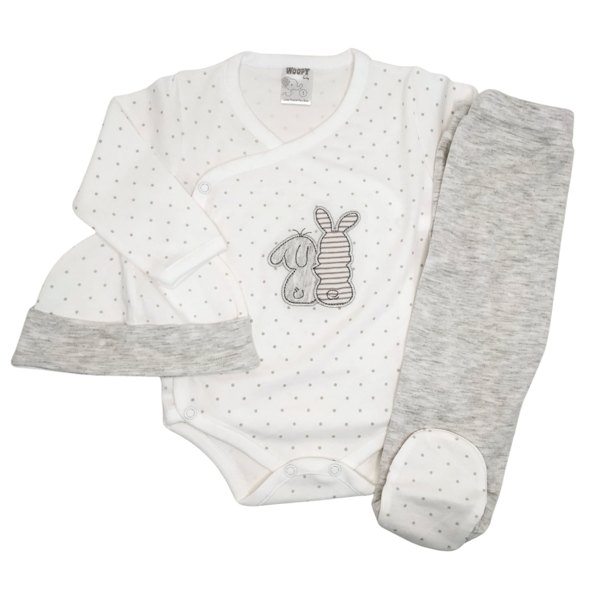 Ajuar Bebe 3 piezas Algodon - Conejitos - Blanco-Gris