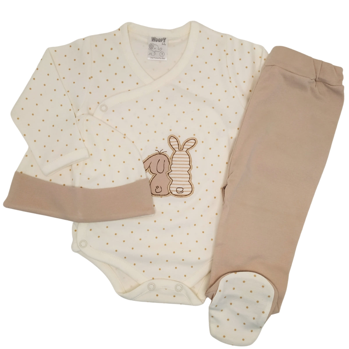 Ajuar Bebe 3 piezas Algodon - Conejitos - Beige