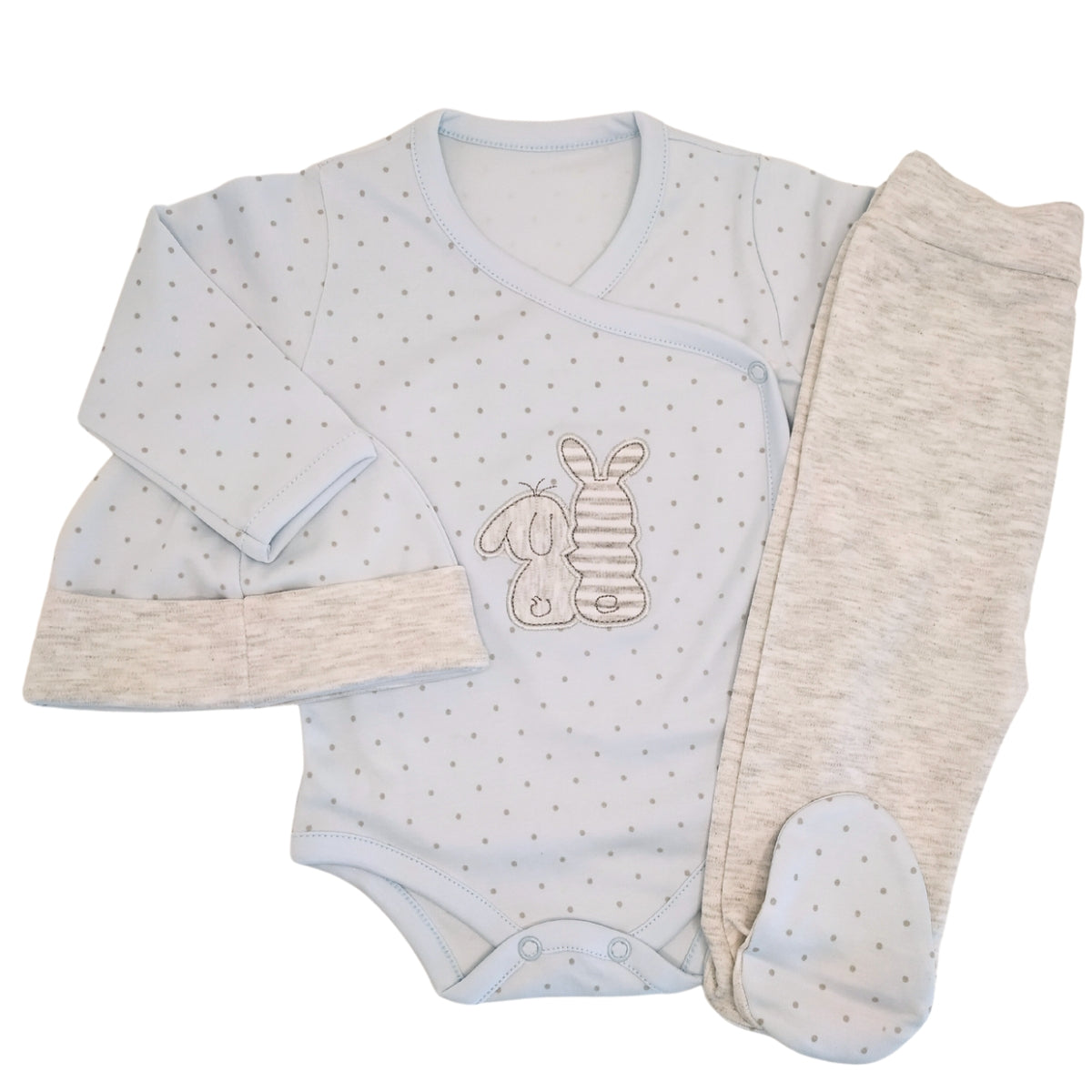 Ajuar Bebe 3 piezas Algodon - Conejitos - Celeste-Gris