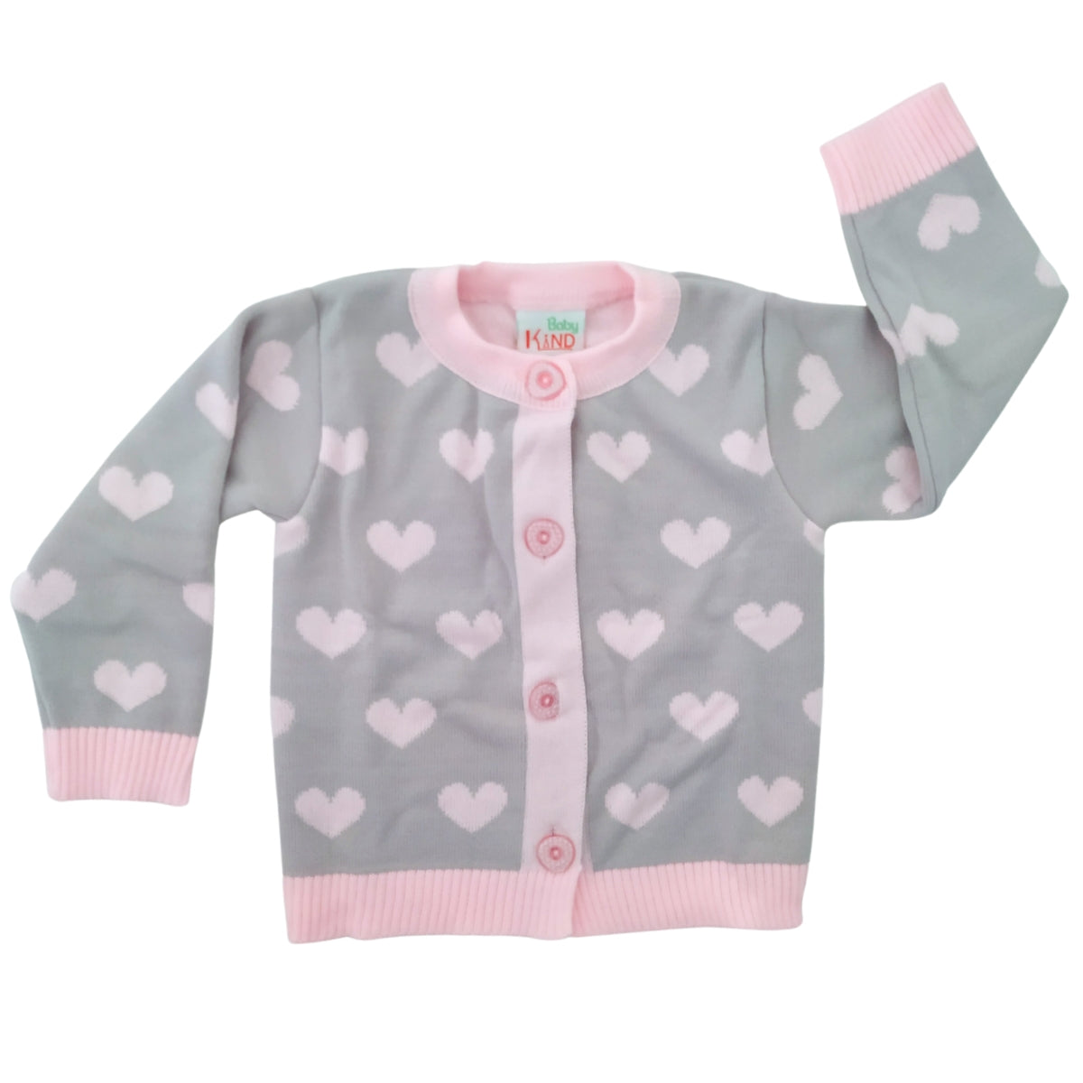 Chompa Bebe Hilo - Corazones - Gris Rosado