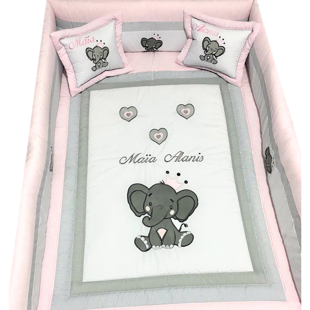 Set de Cama Cuna Cajonera y 4 protectores - Prestige - Elefante Gris - Rosado