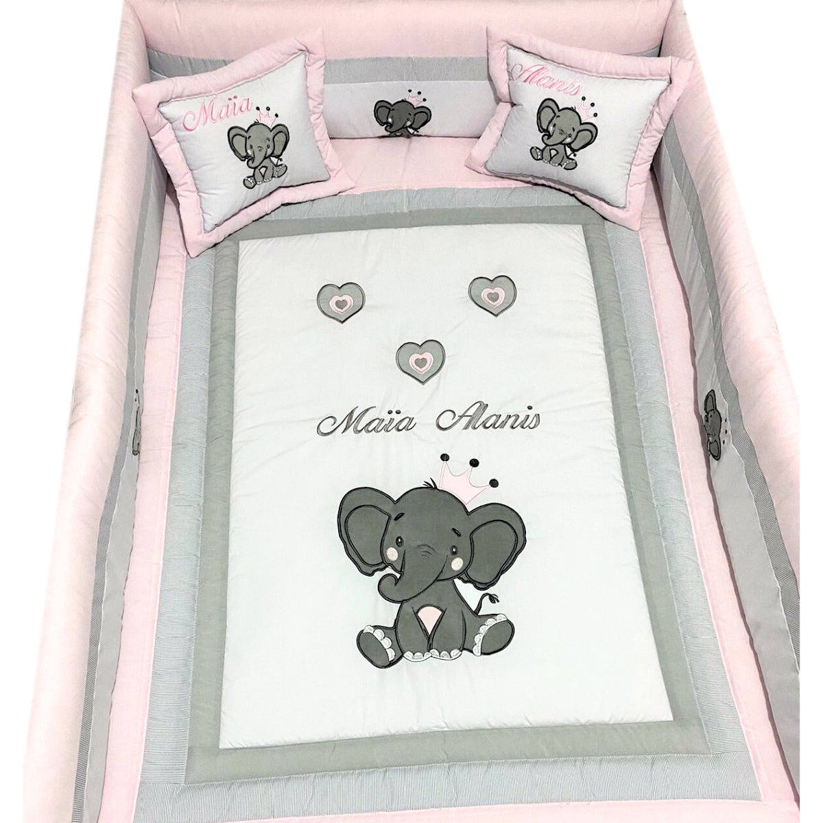 Set de Cama Cuna Cajonera y 4 protectores - Prestige - Elefante Gris - Rosado