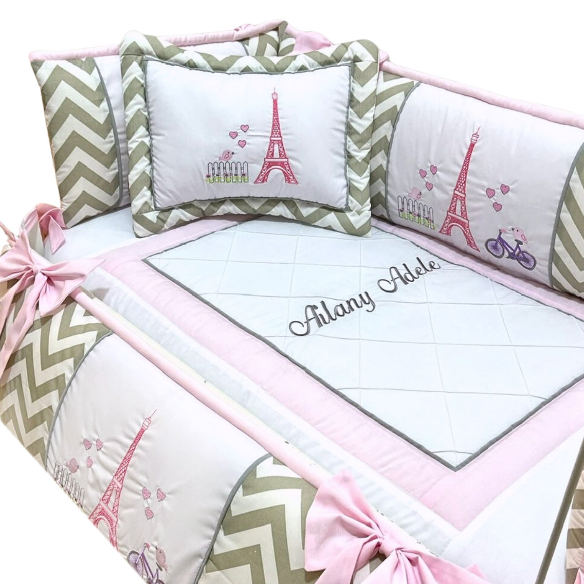 Set de Cuna y 4 protectores - Moisés Mecedora - Prestige - Paris - Rosado