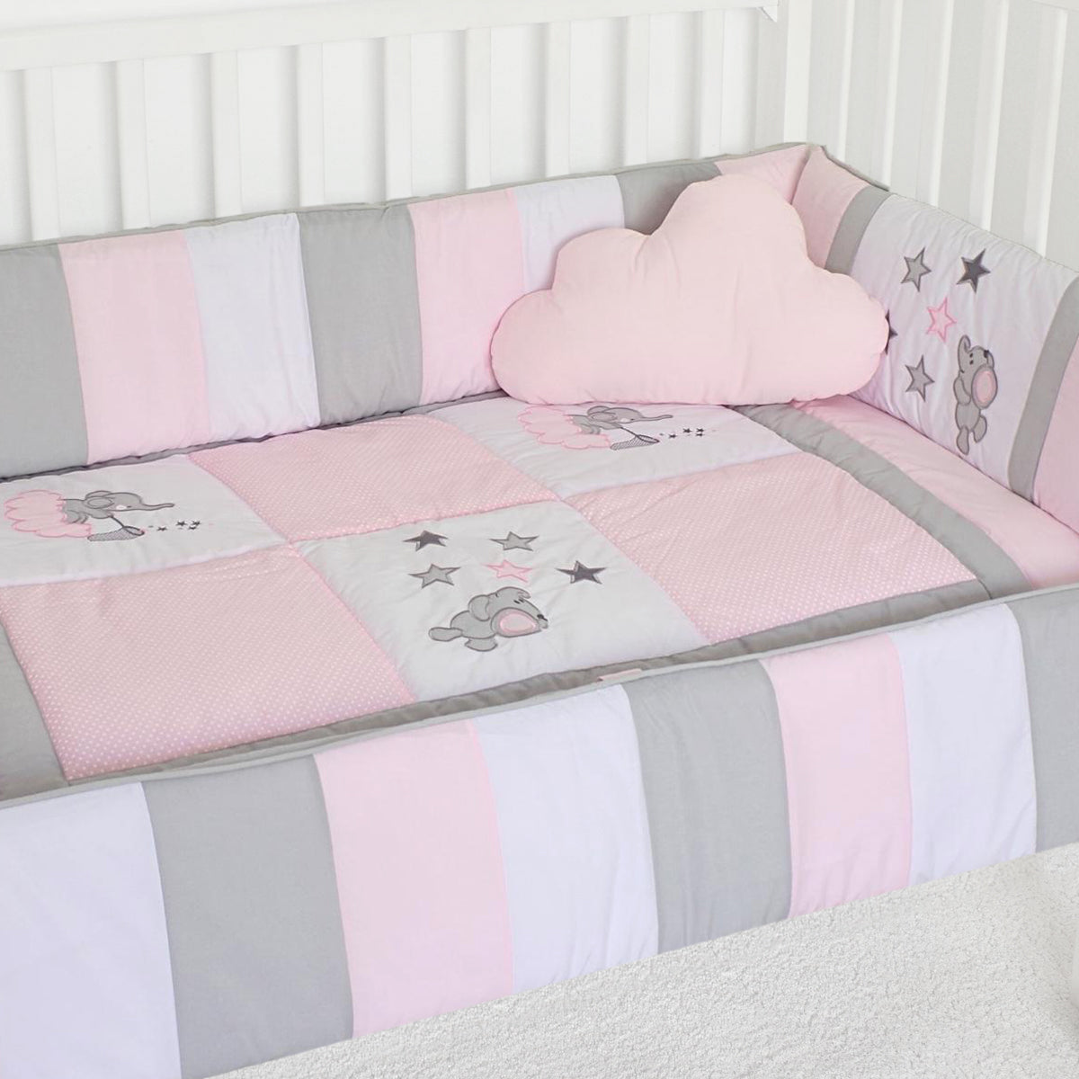 Set de Cuna y 4 protectores - Prestige - Elefante juguetona Rosada