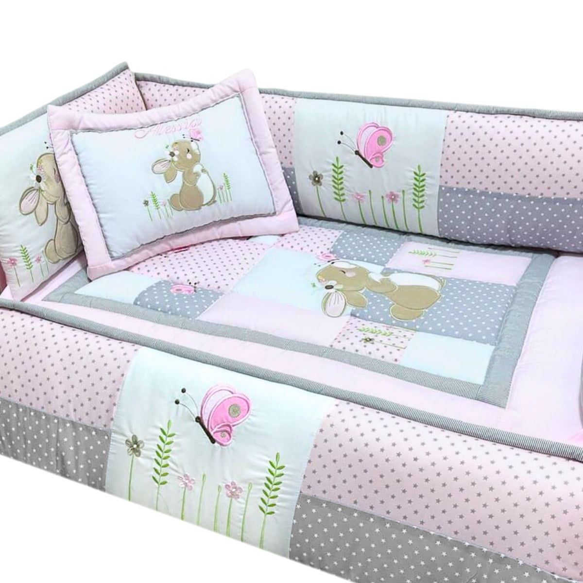 Set de Cuna y 4 protectores - Moisés Mecedora - Prestige - El Conejo - Rosado