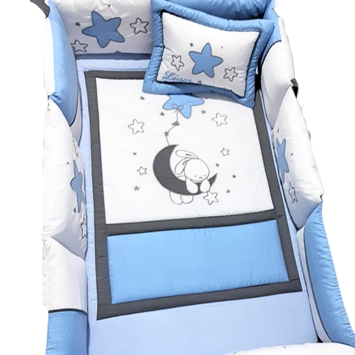 Set de Cuna y 4 protectores - Moisés Colecho - Prestige - Conejo y la Luna - Azul