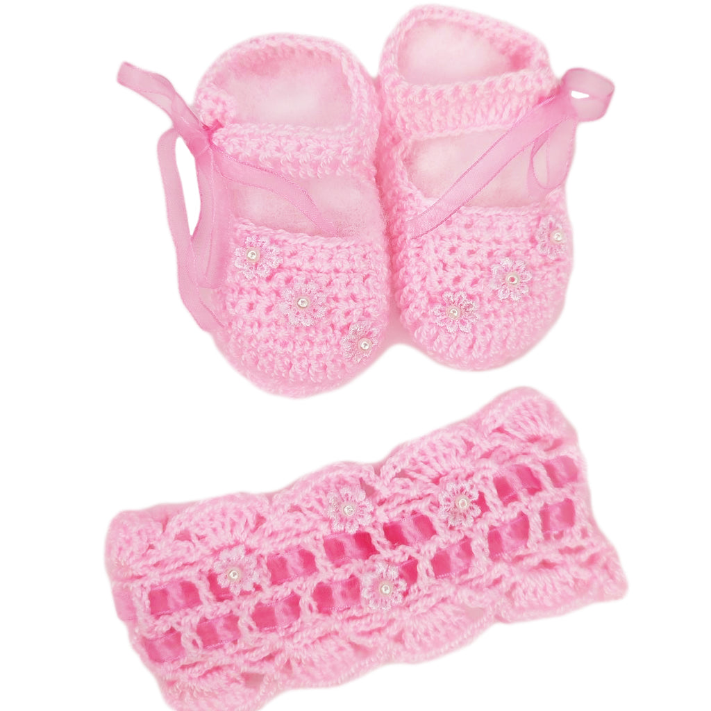 Set Zapatitos y vincha - Hilo Algodón - Rosado