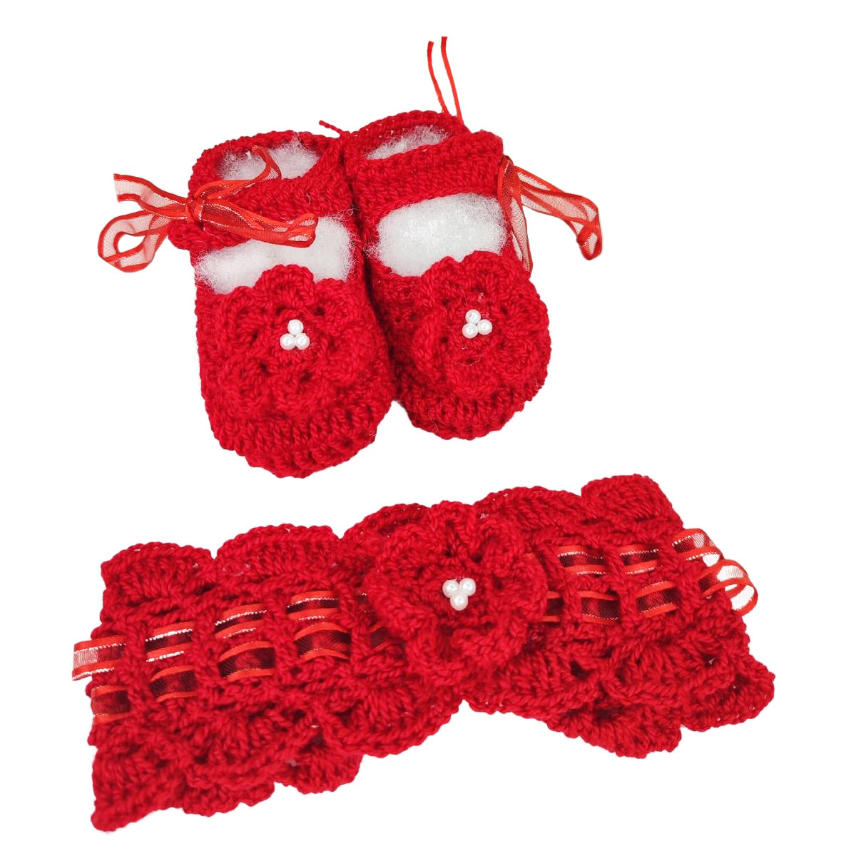 Set Zapatitos y vincha - Hilo Algodón - Rojo