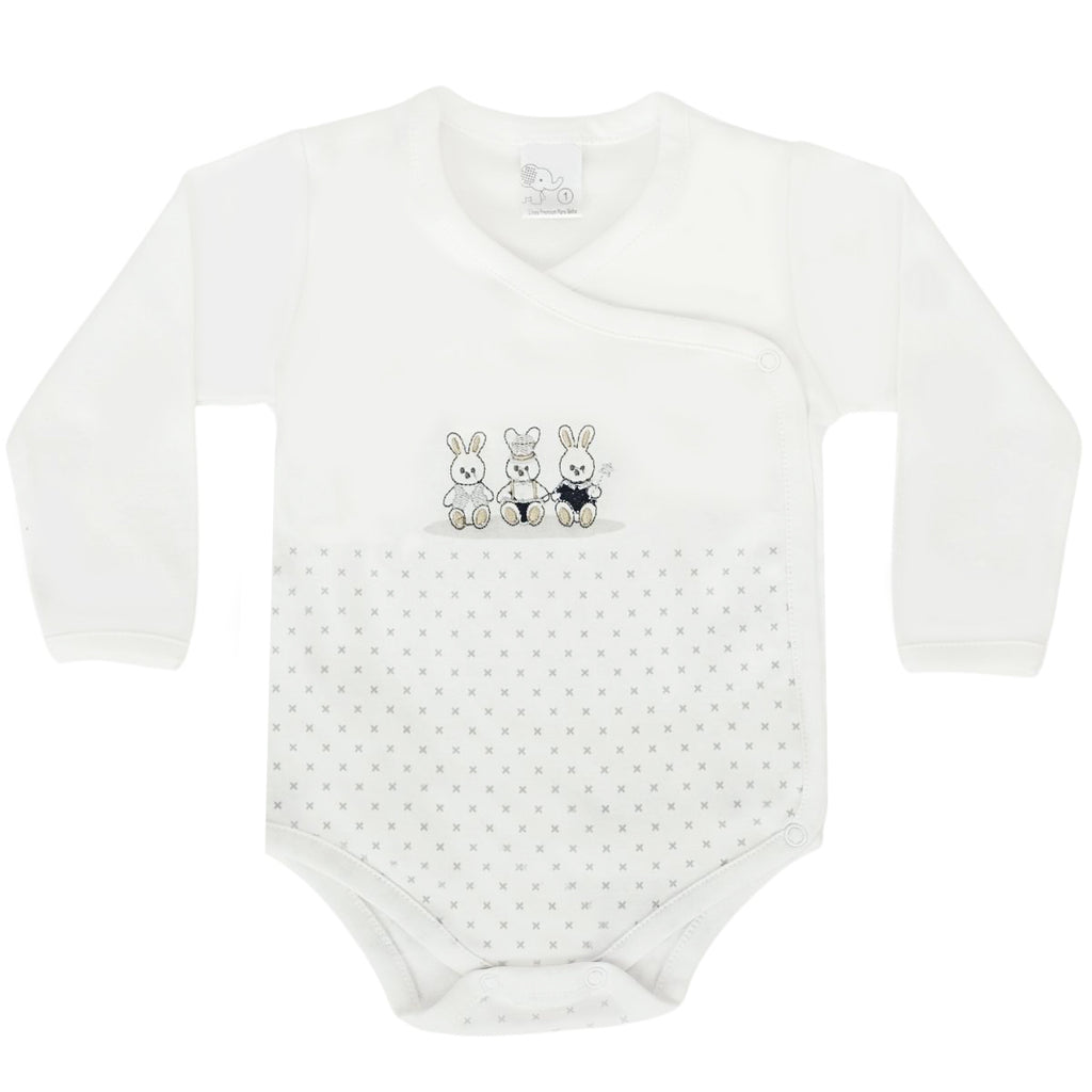 Ajuar Bebe 3 piezas Algodon - Conejos - Blanco / Gris