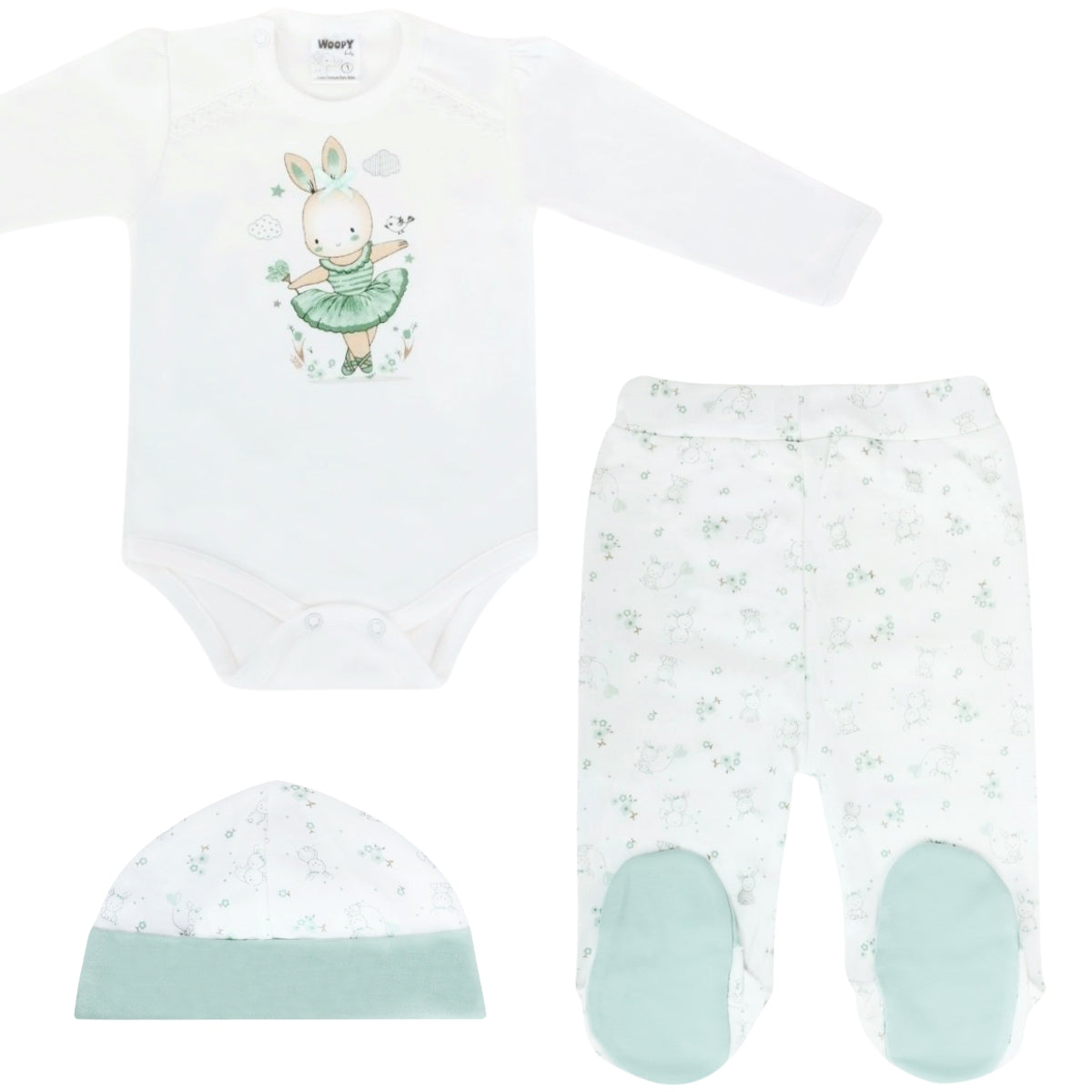 Ajuar - Set de 3 piezas Algodón - Coneja bailarina - Blanco Verde