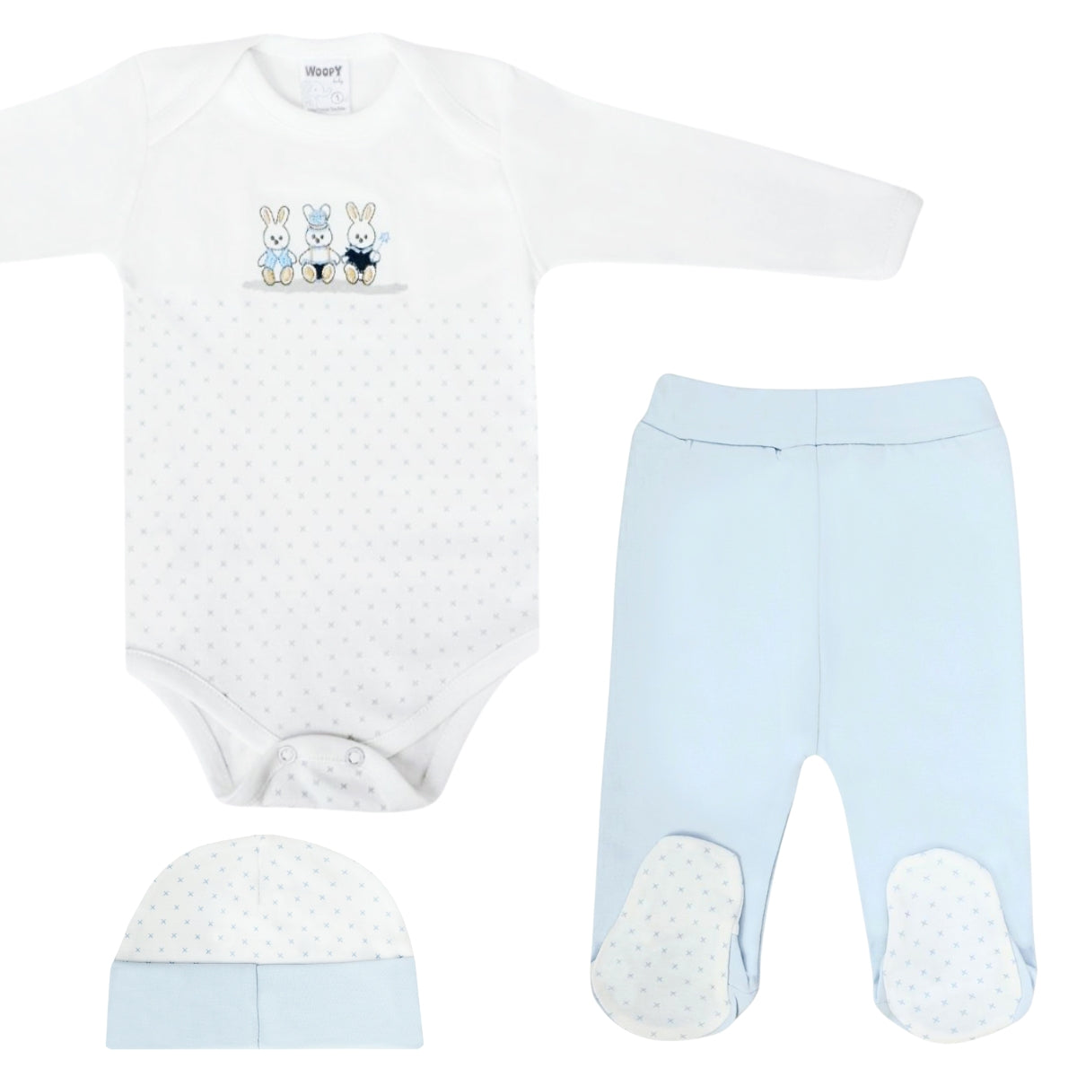 Ajuar Bebe 3 piezas Algodon - Conejos - Blanco / Celeste
