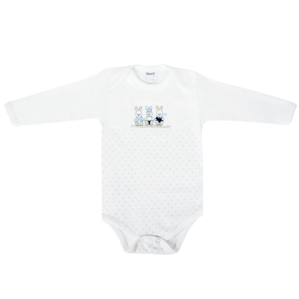 Ajuar Bebe 3 piezas Algodon - Conejos - Blanco / Celeste