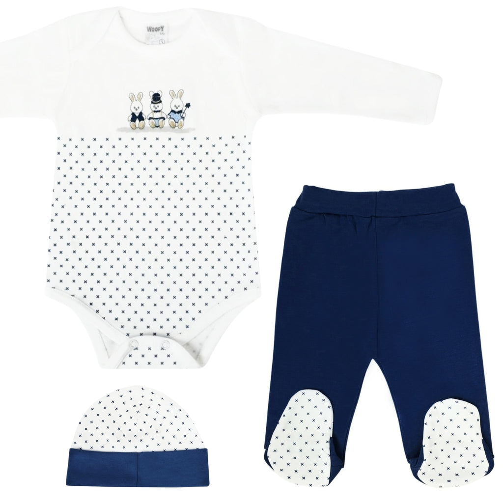 Ajuar Bebe 3 piezas Algodon - Conejos - Blanco / Marino