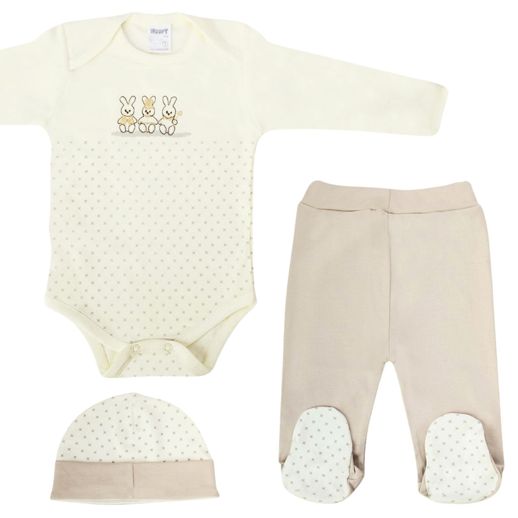 Ajuar Bebe 3 piezas Algodon - Conejos - Crema / Marron