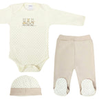 Ajuar Bebe 3 piezas Algodon - Conejos - Crema / Marron
