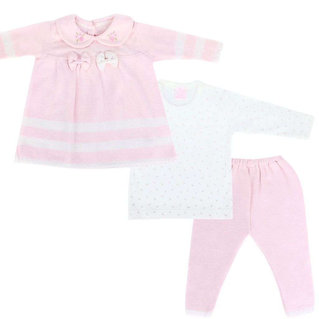 Conjunto Vestido bebé Niña - 3 piezas - Nudos - Rosado