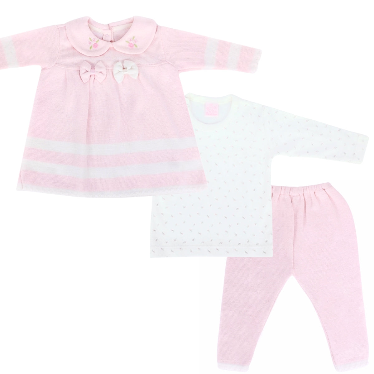Conjunto Vestido bebé Niña - 3 piezas - Nudos - Rosado