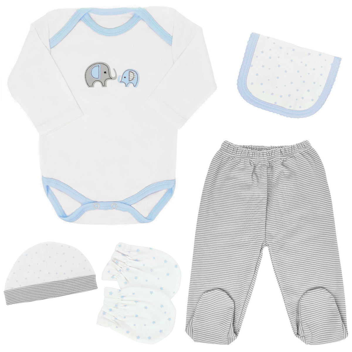 Ajuar Algodón - Elefante - 6 piezas - Celeste G - Talla RN