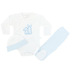 Ajuar Bebe 3 piezas Algodon - Conejitos - Blanco-Celeste