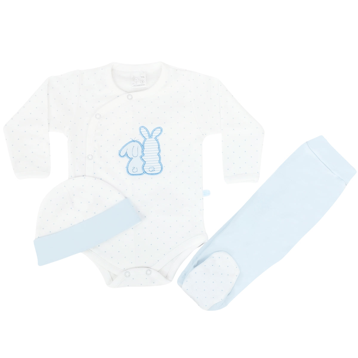 Ajuar Bebe 3 piezas Algodon - Conejitos - Blanco-Celeste