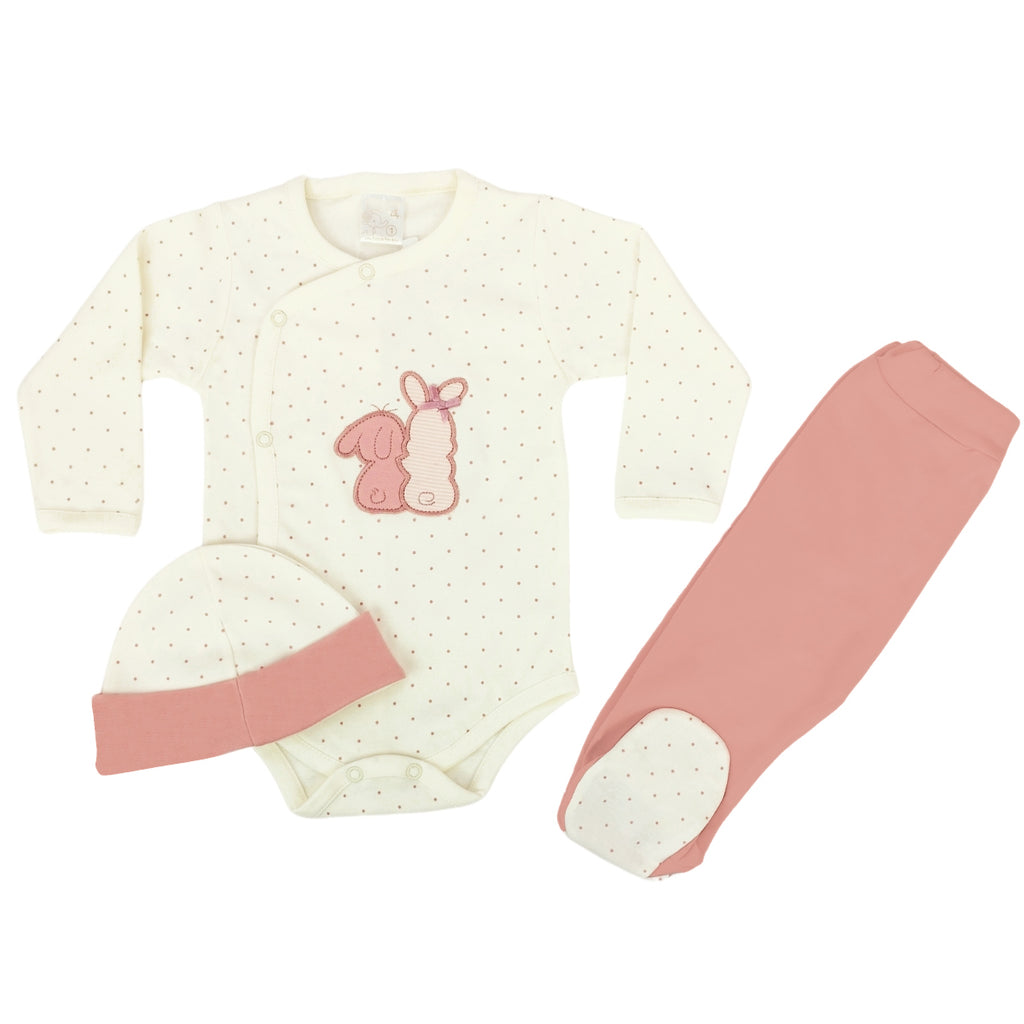 Ajuar Bebe 3 piezas Algodon - Conejitos - Palo Rosa-Crema