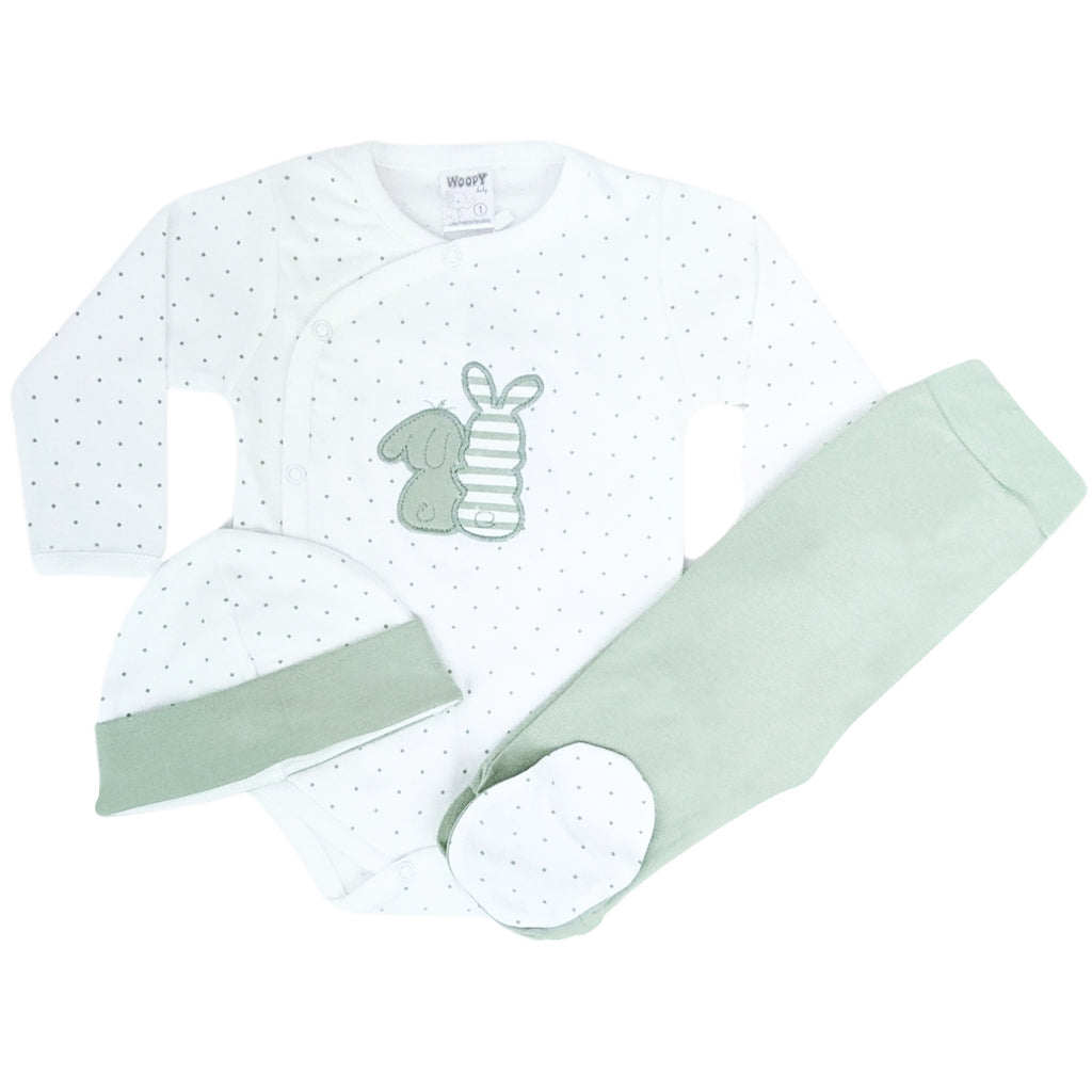 Ajuar Bebe 3 piezas Algodon - Conejitos - Blanco-Verde