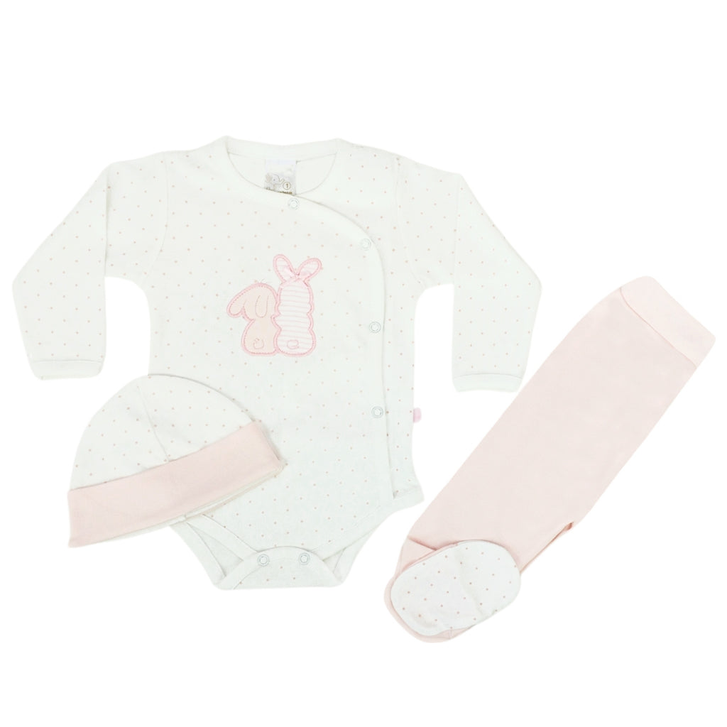 Ajuar Bebe 3 piezas Algodon - Conejitos - Blanco-Rosado