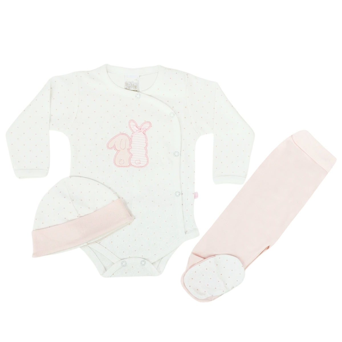 Ajuar Bebe 3 piezas Algodon - Conejitos - Blanco-Rosado