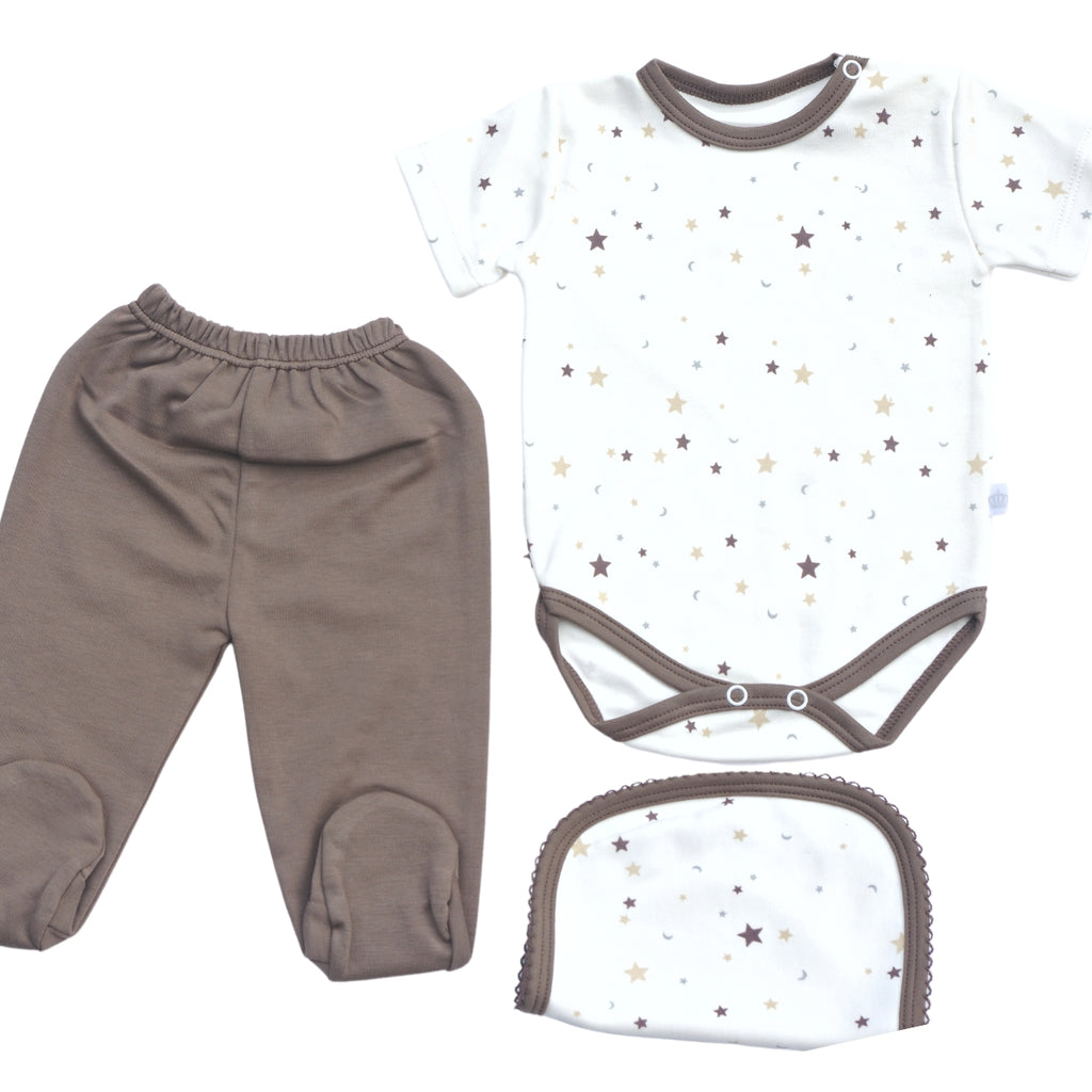 Ajuar Set 3 piezas manga corta Estampado Estrellas Marron