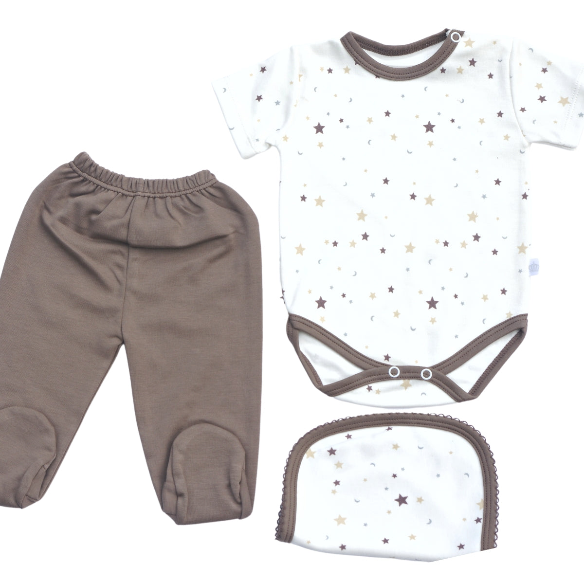 Ajuar Set 3 piezas manga corta Estampado Estrellas Marron