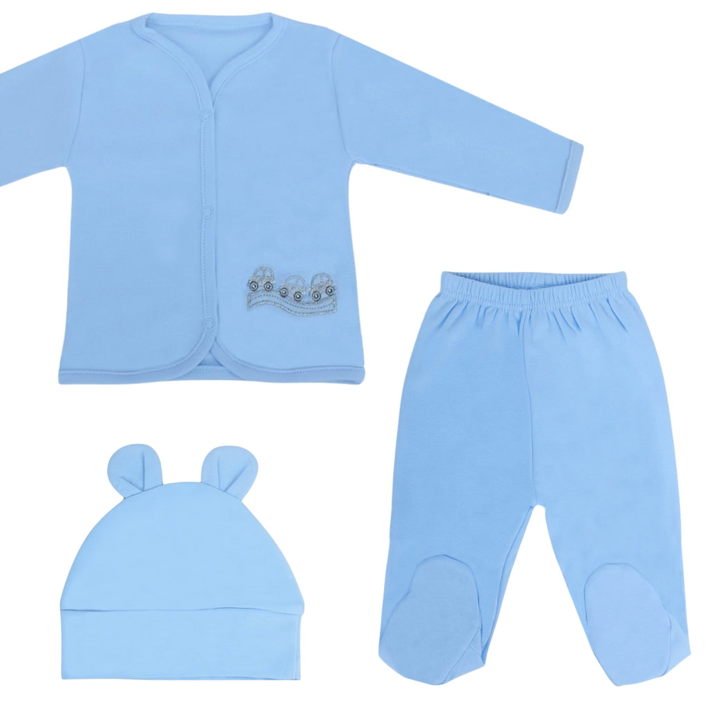 Ajuar - Set de 3 piezas Algodon - 3 autos - Celeste