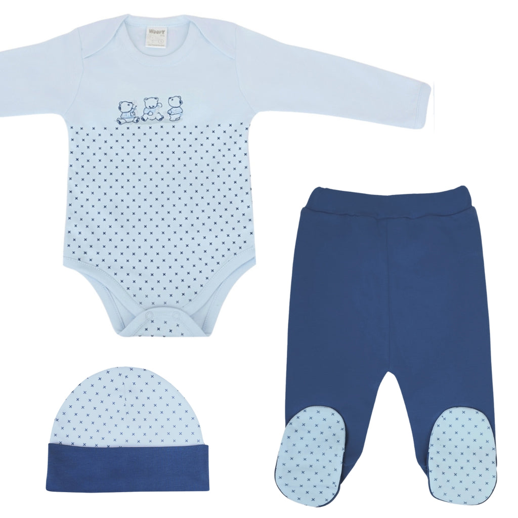 Ajuar Algodón - 3 Ositos - 3 piezas - Celeste