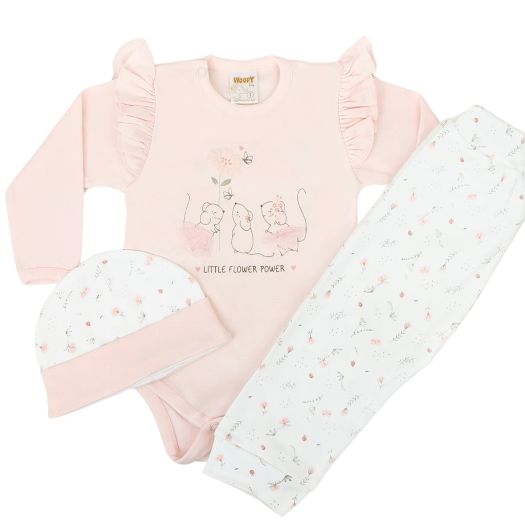 Ajuar - 3 piezas Algodón - Ratoncitas - Rosado