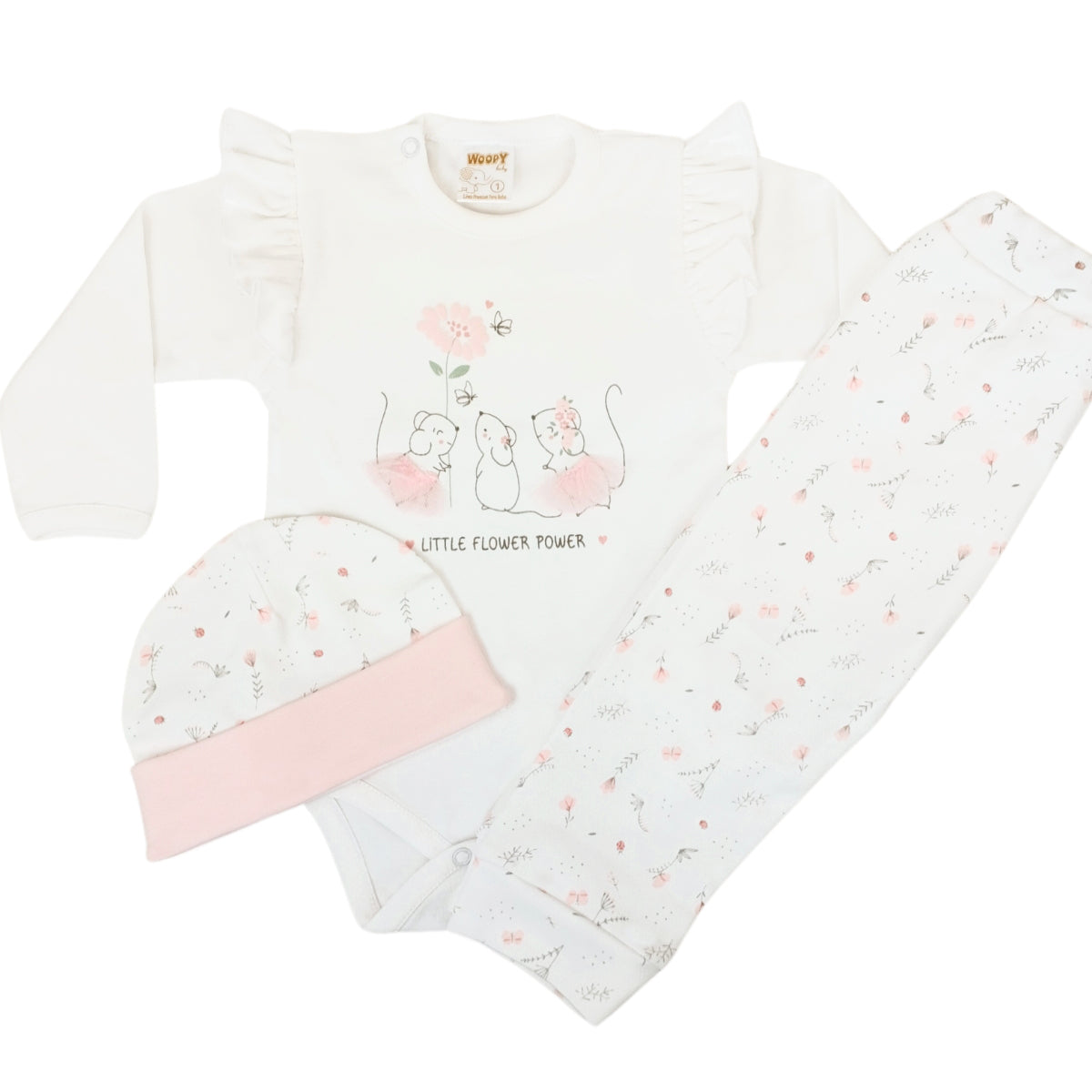 Ajuar - 3 piezas Algodón - Ratoncitas - Blanco