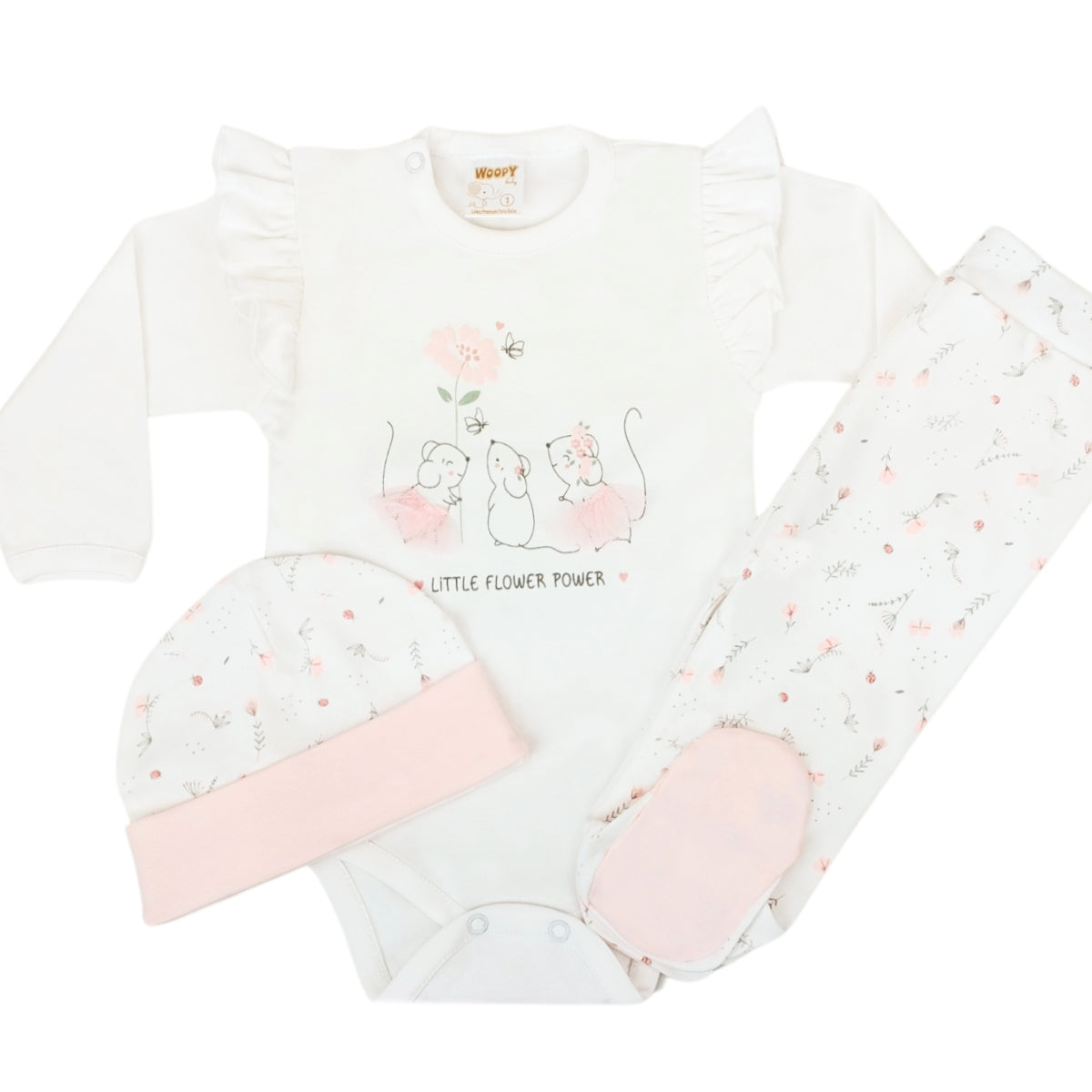 Ajuar - 3 piezas Algodón - Ratoncitas - Blanco