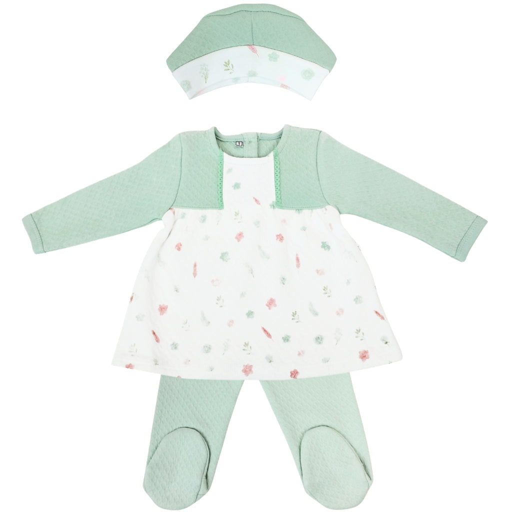 Conjunto Vestido bebé Niña - 3 piezas - Flores - Verde