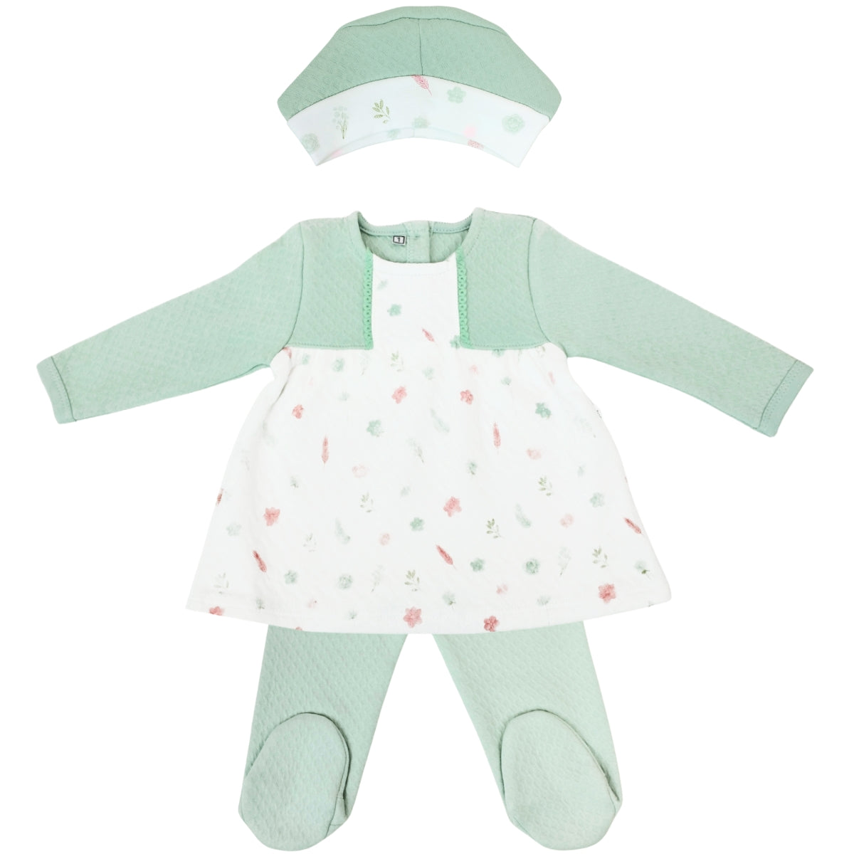 Conjunto Vestido bebé Niña - 3 piezas - Flores - Verde