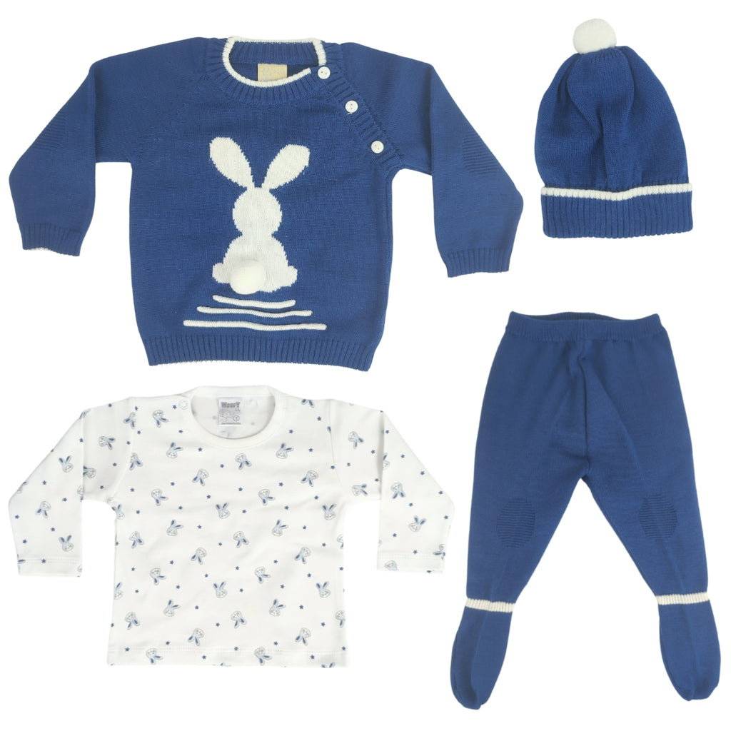 Conjunto bebé Hilo Conejo 4 piezas - Azul-Blanco - T1