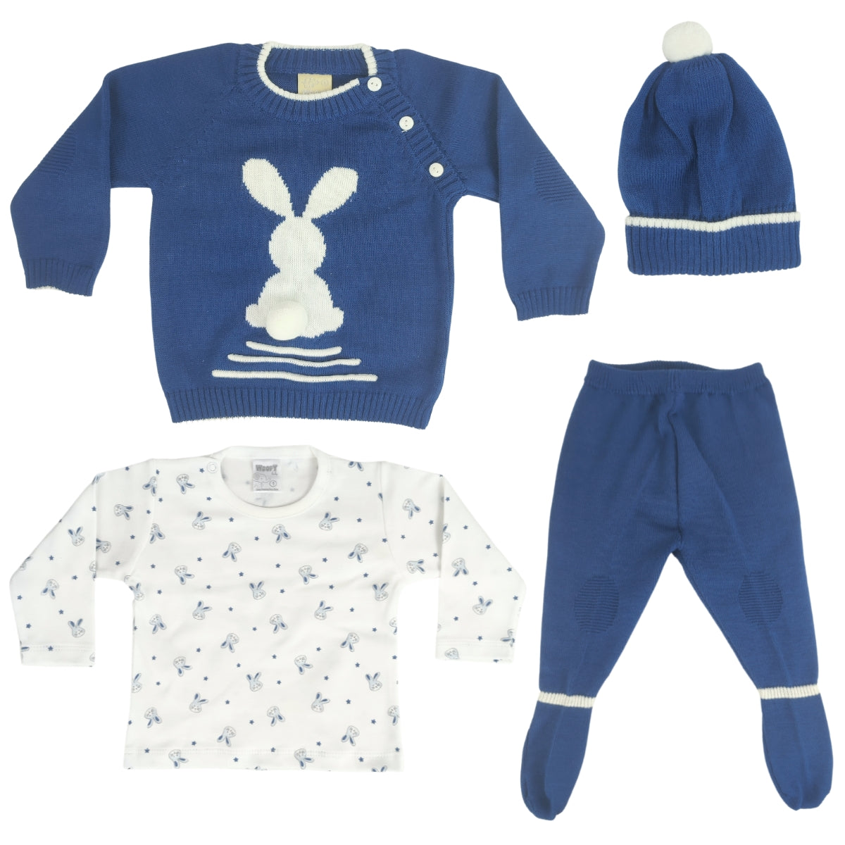 Conjunto bebé Hilo Conejo 4 piezas - Azul-Blanco - T1