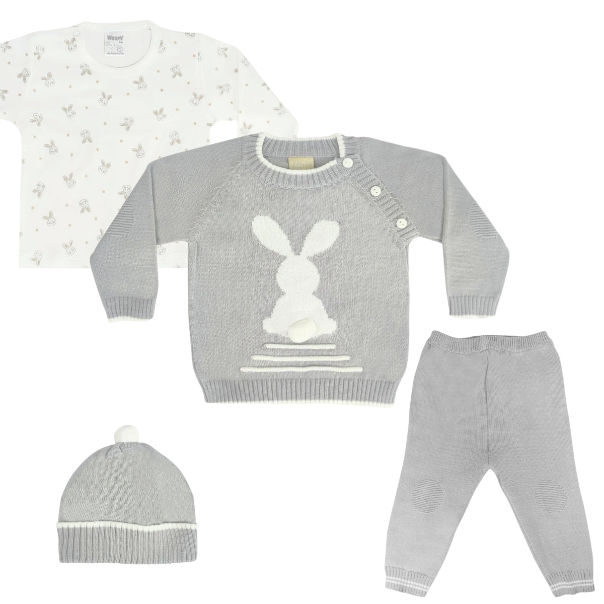 Conjunto bebé Hilo Conejo 4 piezas - Plomo-Blanco - T2