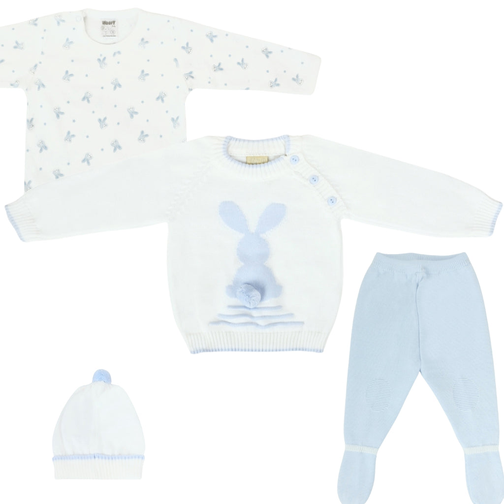 Conjunto bebé Hilo Conejo 4 piezas - Blanco Celeste - T1